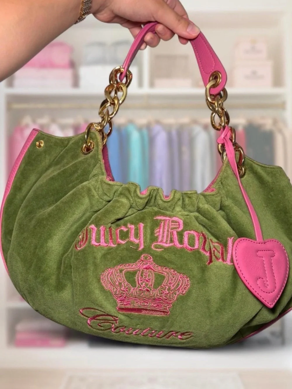 Juicy Couture Olive Green Suede Shoulder Bag with Pink Trim